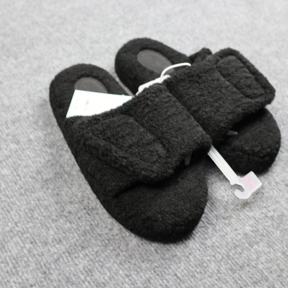 Cat & Jack Slippers Kids Size 2/3 Black Fuzzy Slide Hook & Loop Indoor Shoes